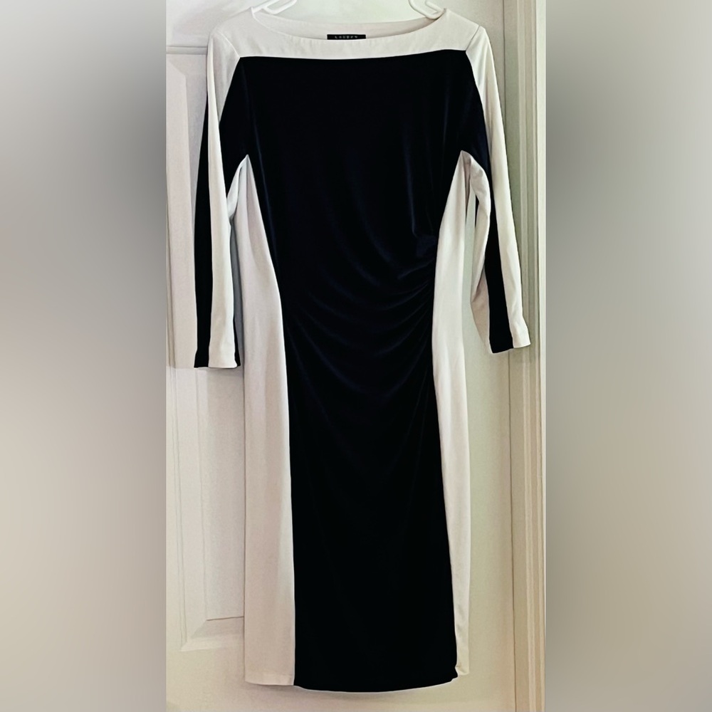 Lauren Ralph Lauren Dark Navy & White Colorblock Side Ruched Dress Size 10
